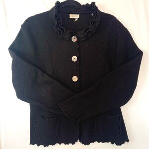 Venario women's black 100% wool shell button-front ruffled collar jacket